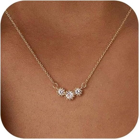 Trio CZ Diamond Pendant, Layering Chain, 3 Simulated Diamond Solitaire Necklace - Picture 1 of 5